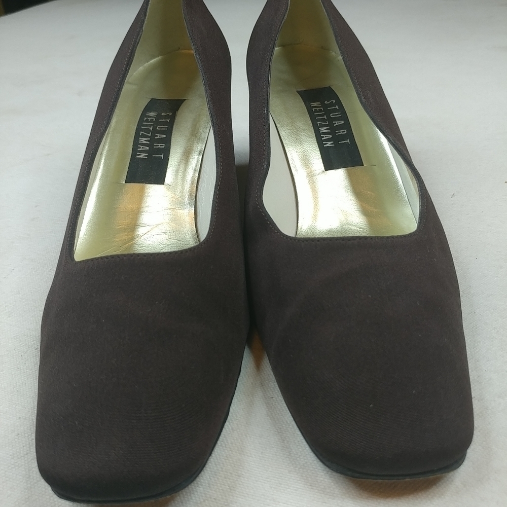 Stuart Weitzman Brown Fabric Square Toe Block 2" H